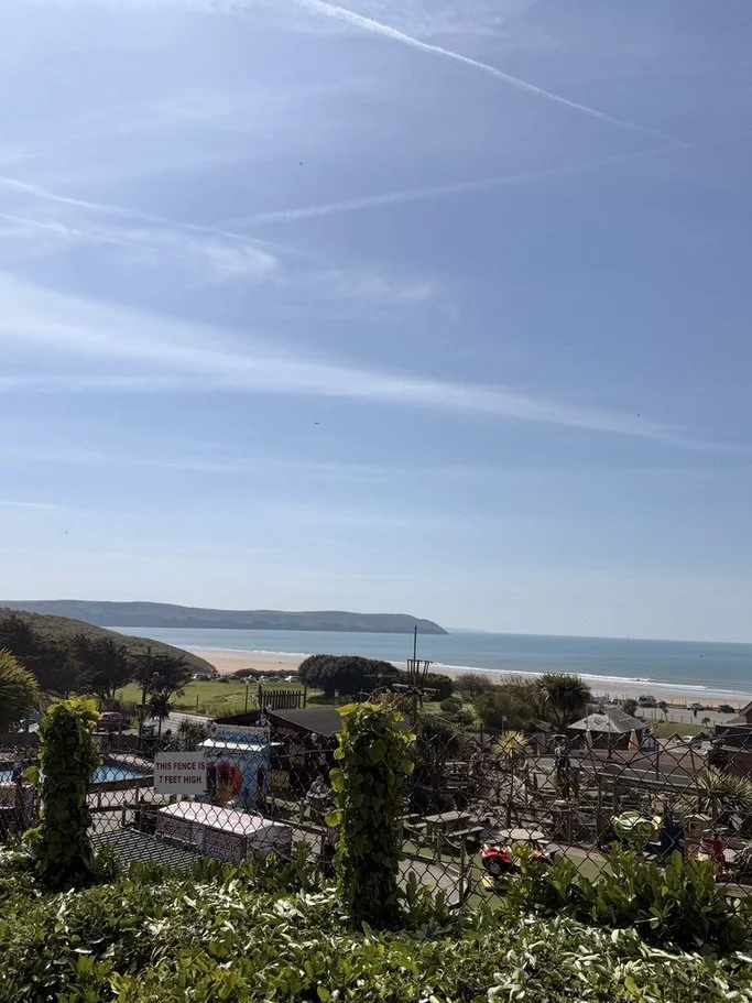 View of a beach with sand and the ocean, houses and greenery in the foreground, and a blue sky with clouds overhead.