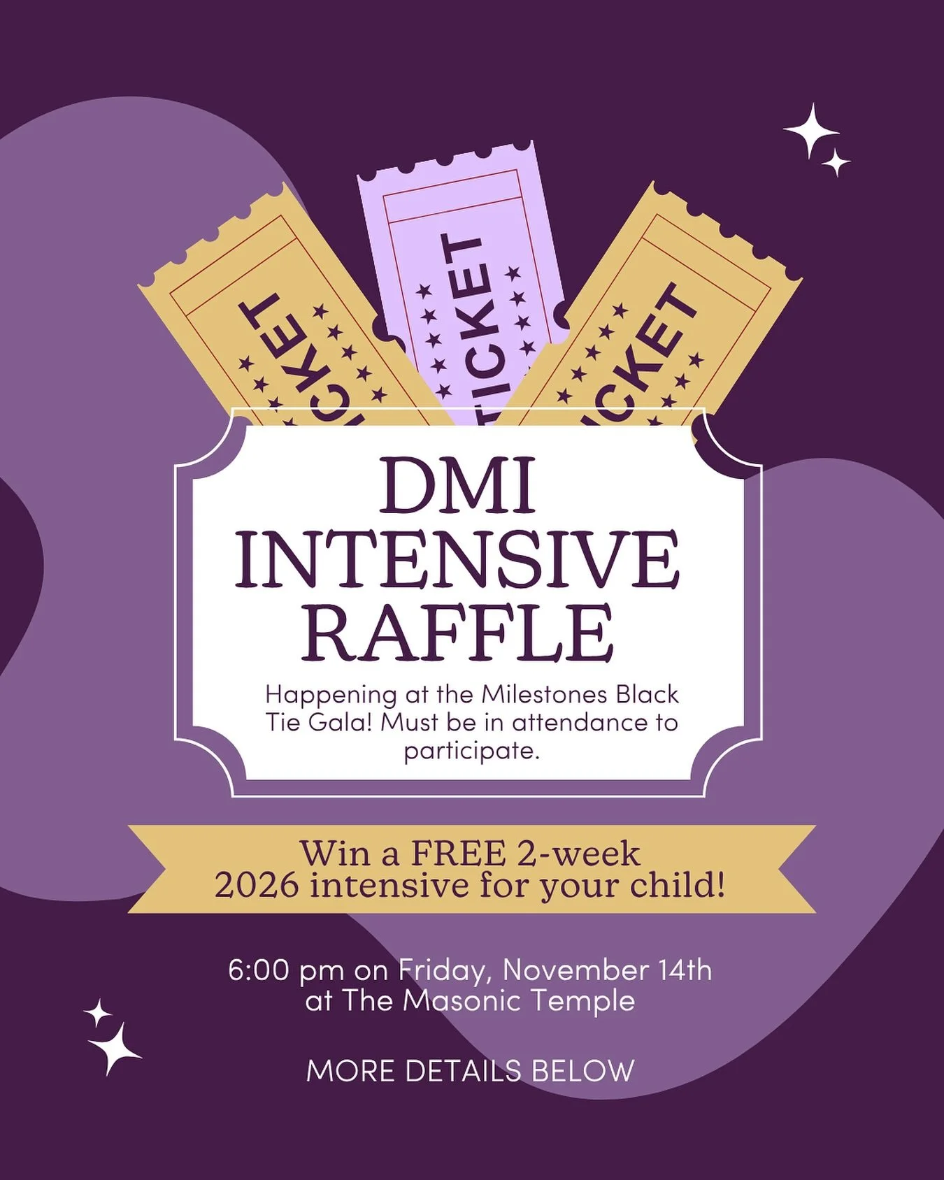 Calling all local parents! This is your chance to win a FREE two-week 2026 DMI Intensive for your child, available exclusively at our Black Tie Gala! 💜 ⁠
⁠
Families must be in attendance to participate, so this is the perfect reason to grab your tic