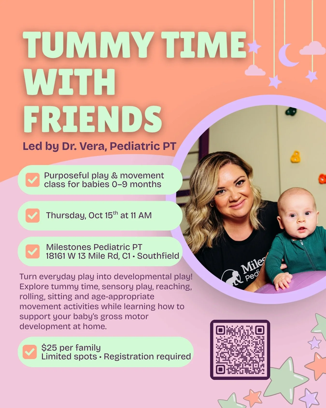 Come play with us at Milestones! 

We are hosting a weekly 45-minute playgroup designed for babies 0 - pre crawling age and their caregivers. The class is lead by Dr. Vera, pediatric PT and will focus on gross motor skills, social engagement, and hel