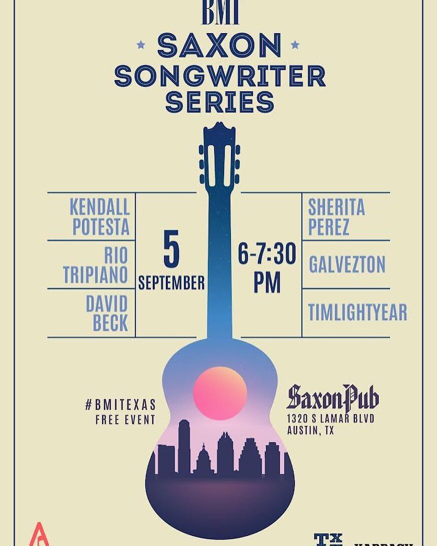 Happy as a clam to be included with this amazing group of songwriters and get back to @thesaxonpub in a few weeks. @davidbecksworld @sheritaperez @kendallpotesta @riotripiano @timlightyear @bmi #texasmusic #songsters #austinmusic #galvezton