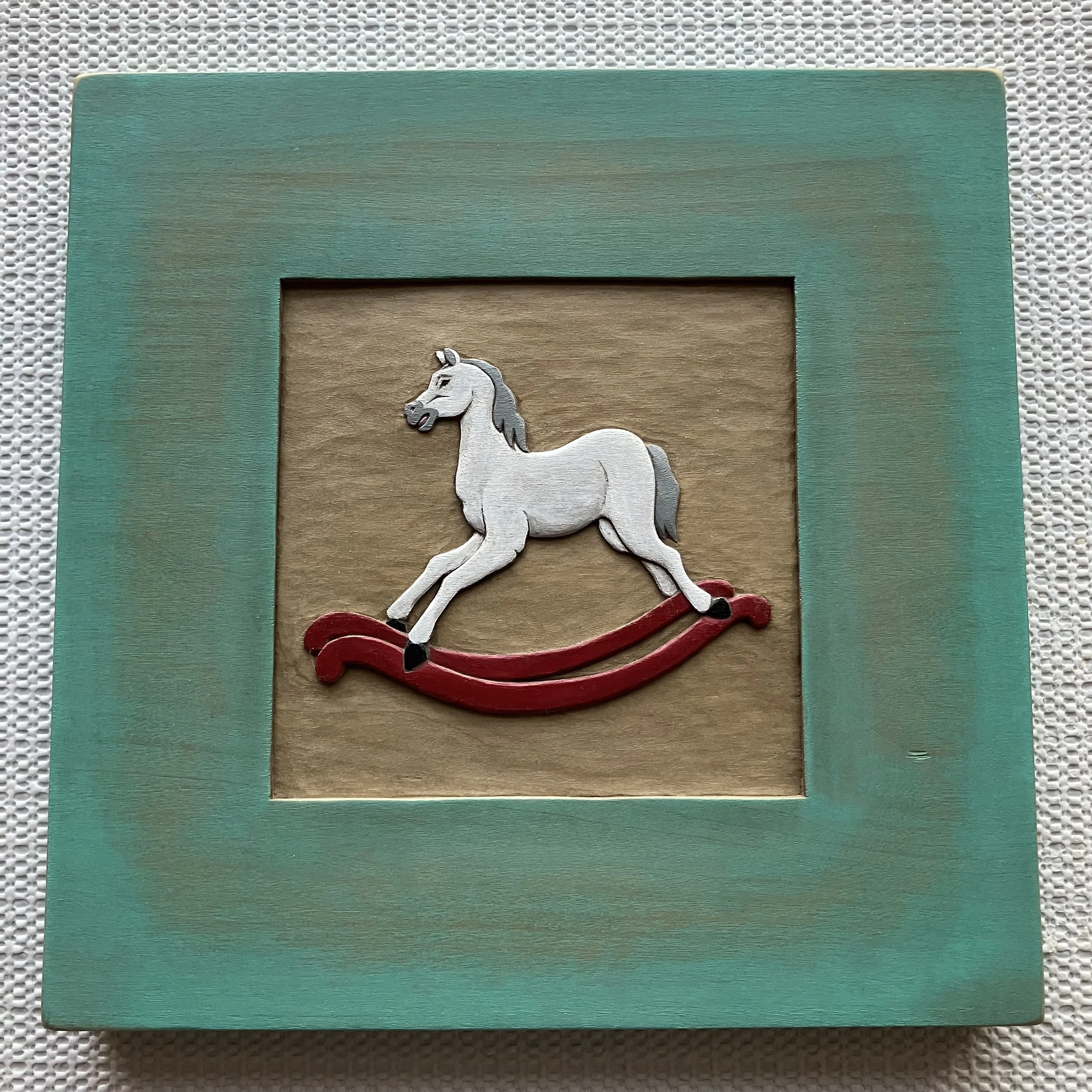 AVAILABLE: Small Rocking Horse Carving - 7" square.  Price: $250.00.  For purchase information, email: ShattuckClockworks@gmail.com
