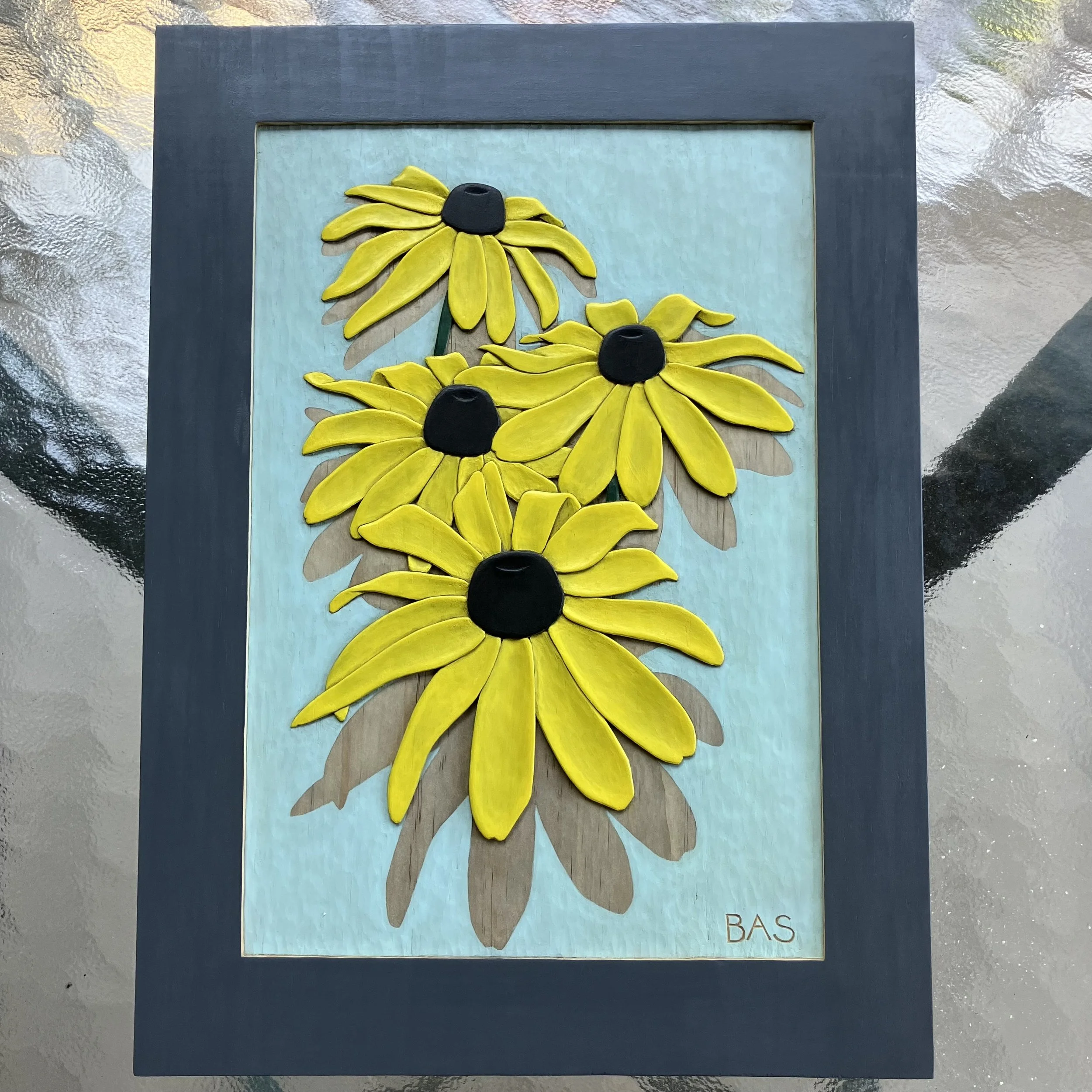 AVAILABLE: Black Eyed Susan Carving- 11 x 15 inches. Price $750.00. For Purchase information, email: ShattuckClockworks@gmail.com