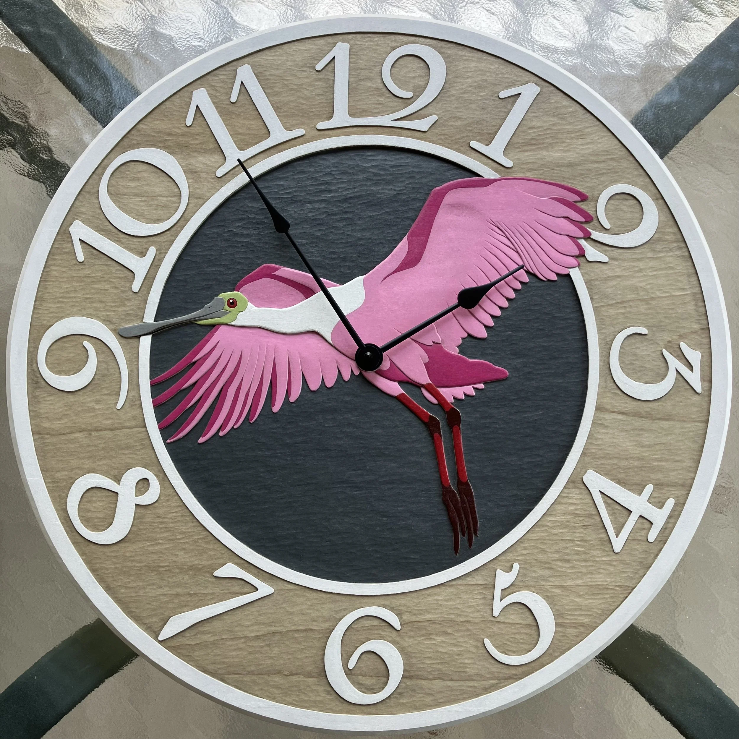 AVAILABLE: Spoonbill in Flight Clock - 21 inch.  Price: $1,450.00.  For Purchase information, email: ShattuckClockworks@gmail.com