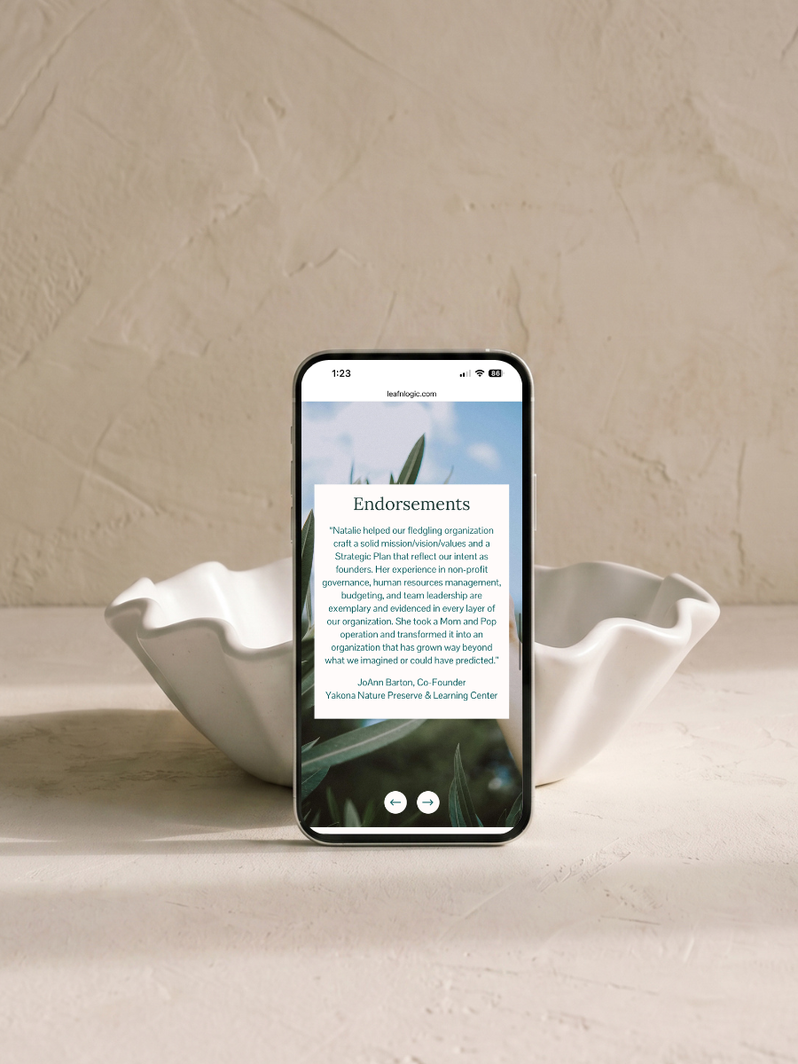 Leaf & Logic Cause Collective Squarespace website displayed on a mobile phone