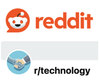 Reddit logo with a smiling Reddit mascot, and a graphic of a handshake representing the subreddit r/technology.