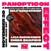 Event poster for an art discussion titled "Panopticon: A Discussion on Artistic Self-Censorship," featuring artists Liza Shiklando and Emma Shapiro, taking place online from February 19th to 26th, free of charge, organized by Bonfire.