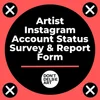 A graphic with a pink background and a large black circle in the center. Inside the circle, white bold text reads: "Artist Instagram Account Status Survey & Report Form." Four smaller black circles with white X's are positioned at each corner of the graphic. At the bottom of the circle, a smaller white circle contains black text: "DON'T DELAY ART" with a small trash can icon integrated in the text.