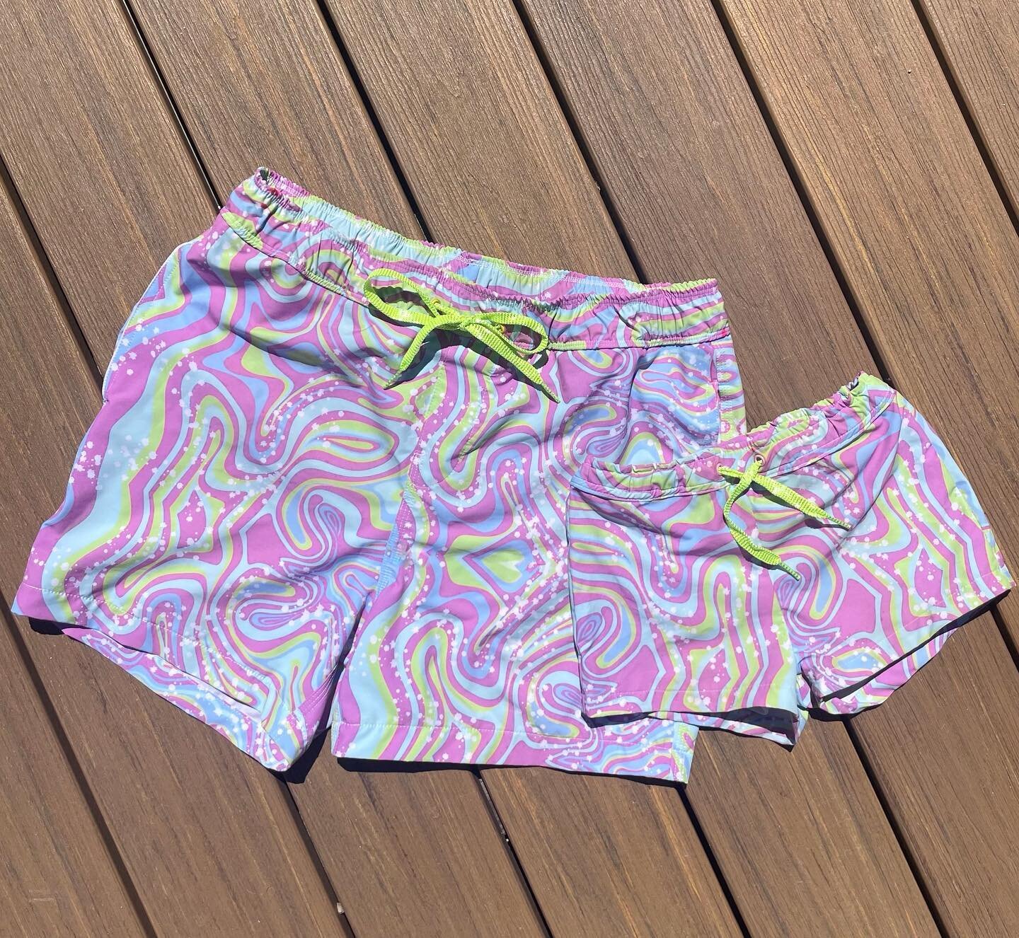 Now making men&rsquo;s boardshorts so they don&rsquo;t feel left out 😜 Taking custom orders 🩳 DM for details! #matchingswimsuits #boardshorts #kidsswim #kidsboardshorts #swimsuits #kidsswimsuits #toddlerswimsuits #barbiecore #summer22