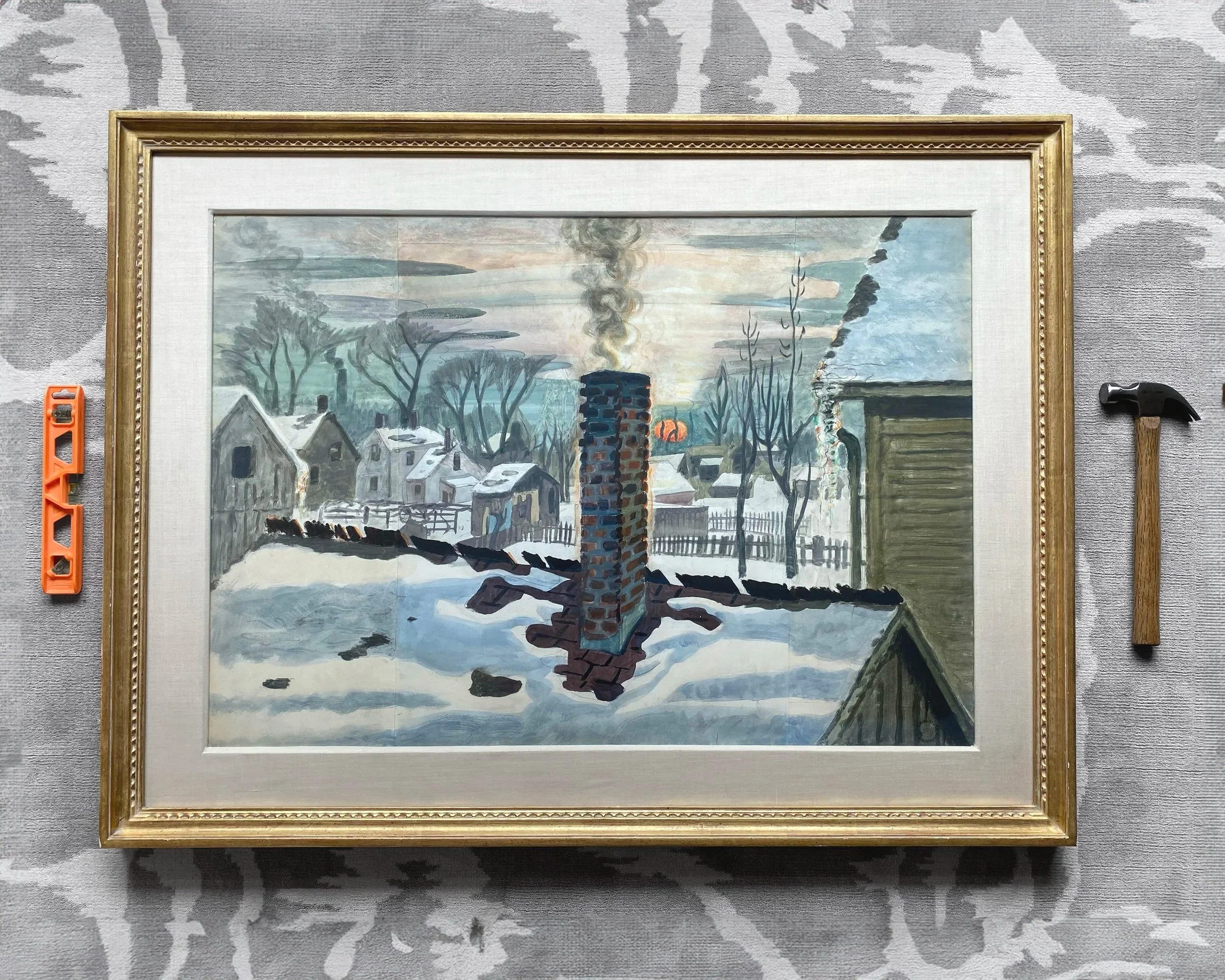 Fine art installation picture hanging by SS/NY — Charles Burchfield art framed drawing, private residential collection, New York City