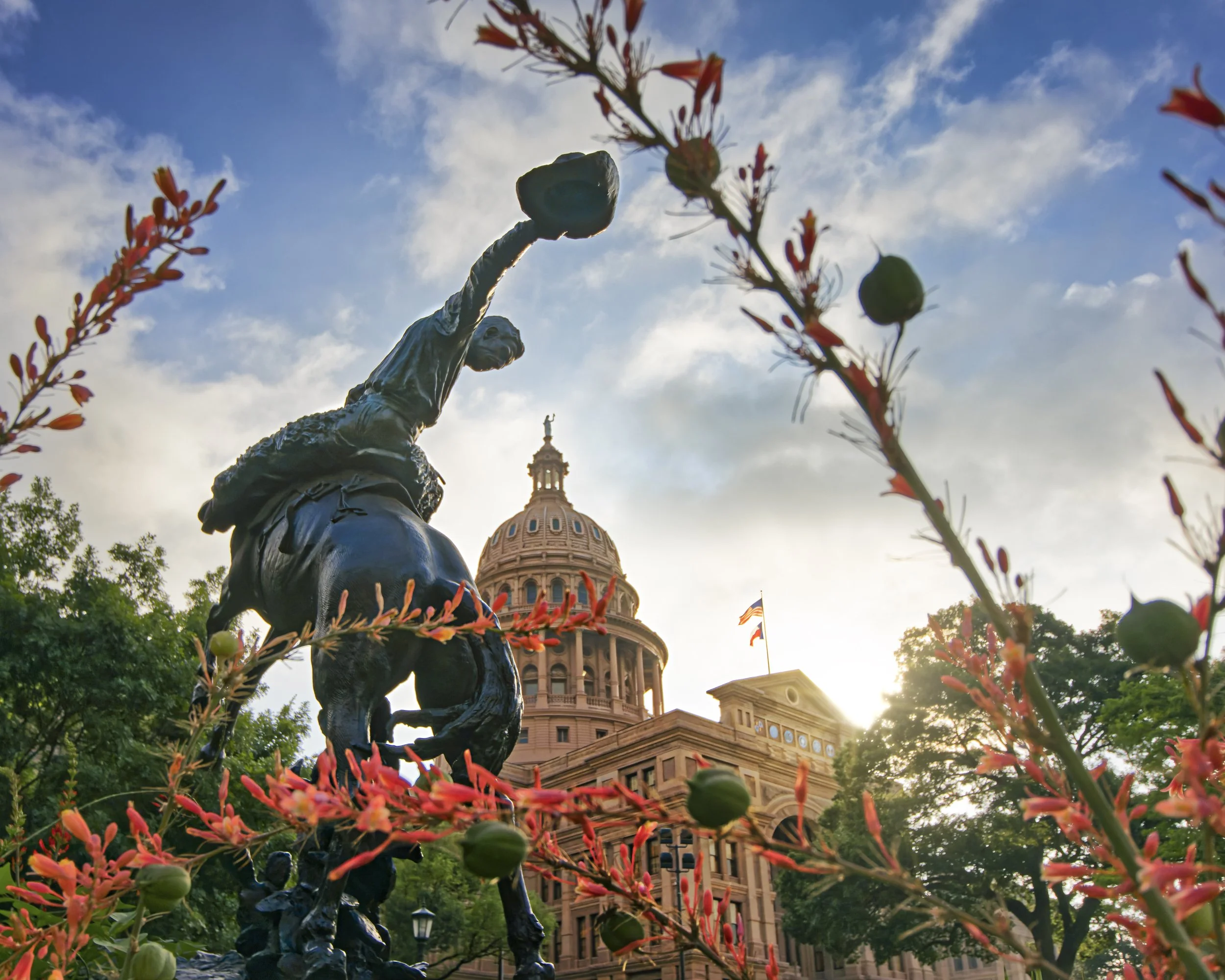 Statue of a boy holding a ball, with the Texas State Capitol building in the background, viewed from below through orange flowers and greenery during daytime.