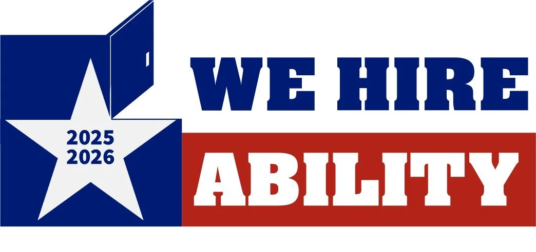 Sign with a star and open book illustration, text reading 'We Hire Ability' with '2025 2026' on the star, red and blue color scheme.