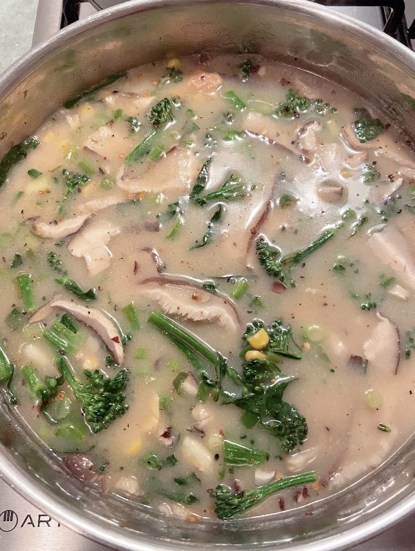 Broccolini, Shiitake and Soba in a warm ginger-miso broth