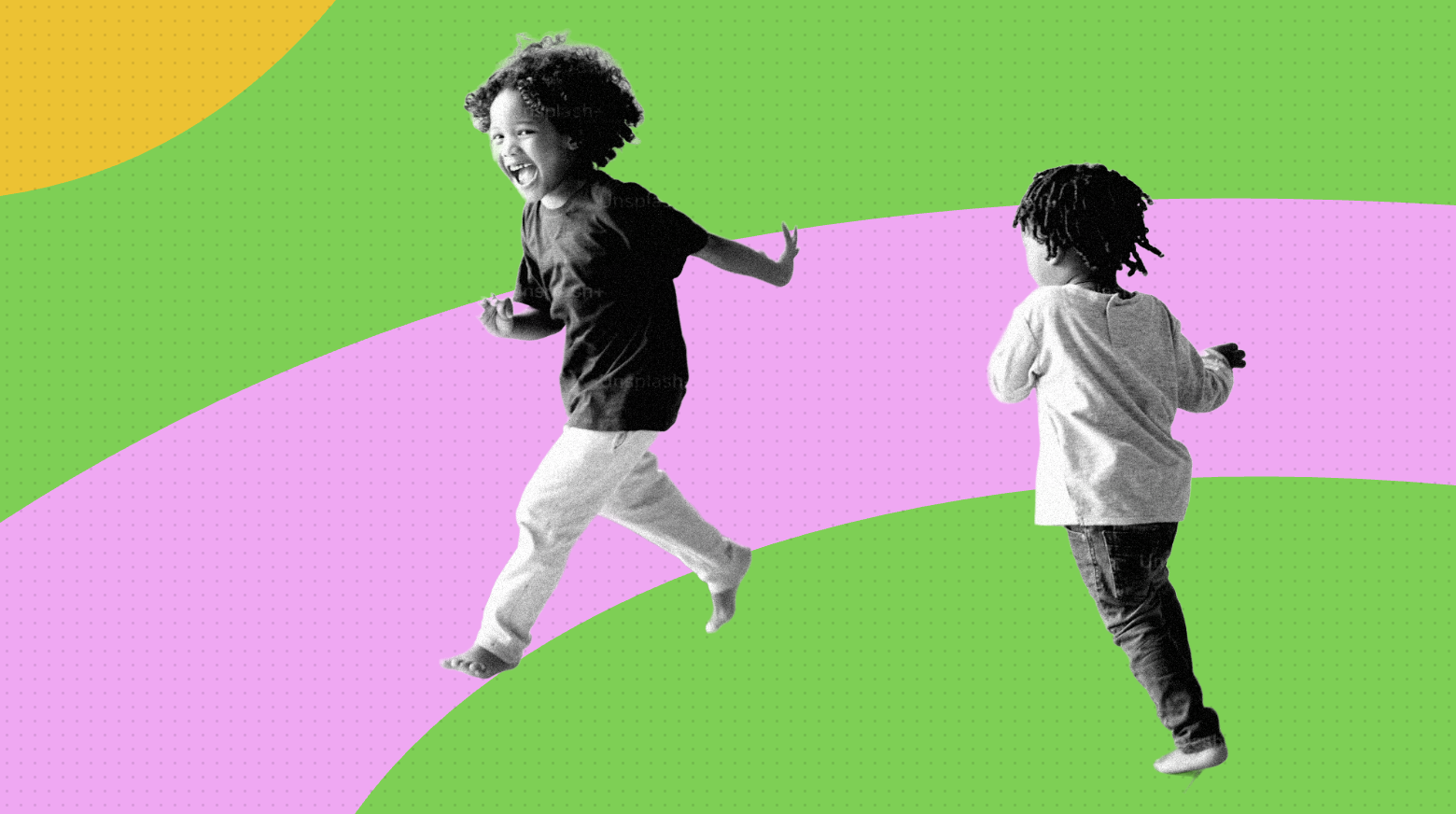 Two young children laughing and dancing barefoot, in a black-and-white cutout over a green, pink and yellow graphic background, for kids dance classes at Cucala Dance Company in Queens, NYC