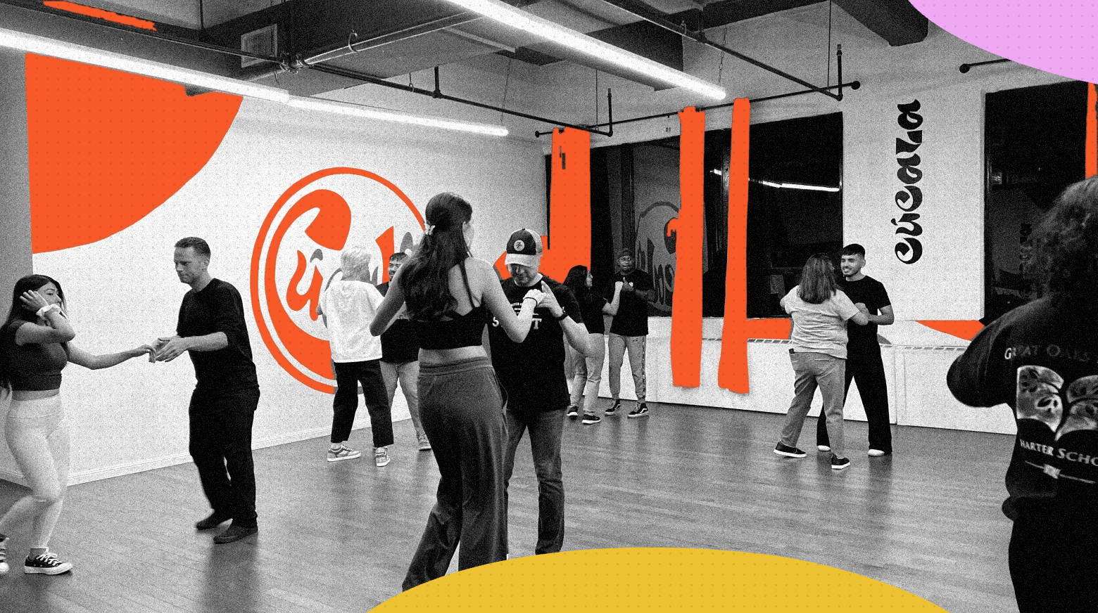 [Beginner dancer or couple] learning salsa, [in a black-and-white cutout over a (colors) graphic background], for tips on avoiding common beginner salsa mistakes at Cucala Dance Company in Queens, NYC