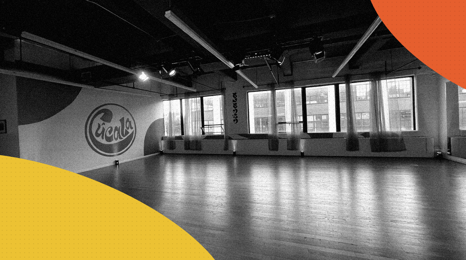 [Dancers or class scene] at Cucala Dance Company, [in a black-and-white cutout over a (colors) graphic background], a dance school in Queens, NYC