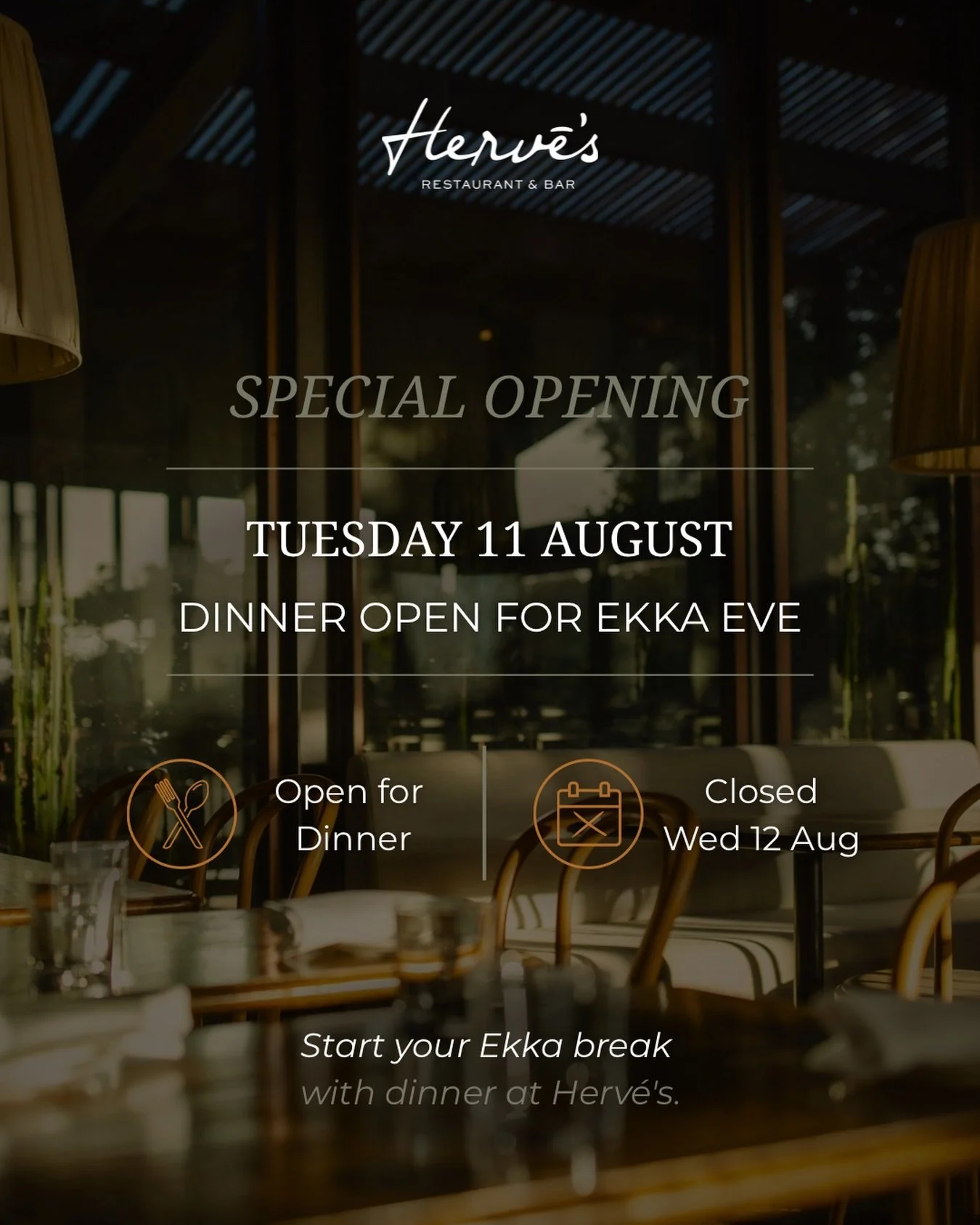 We&rsquo;re exceptionally open on Tuesday 11 August for EKKA! ✨🍽️

Join us from 5:30pm for dinner and reserve your table now via the link in our bio or directly on our website.

#hervesrestaurantbar #frenchrestaurantbrisbane #brisbanerestaurant #vis