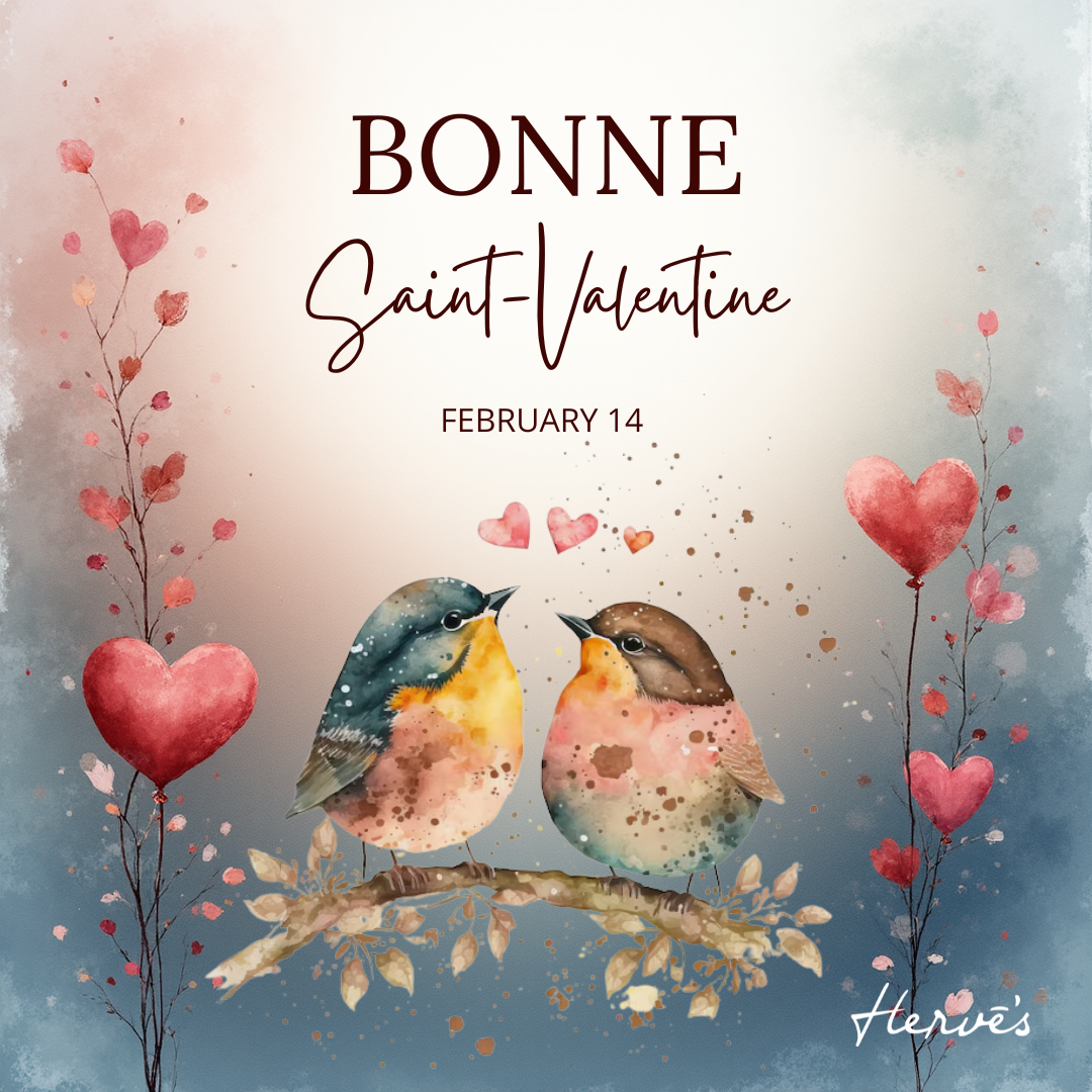 Valentine's Day card with two watercolor birds sitting on a branch, surrounded by hearts and pink foliage. Text reads 'Bonne Saint-Valentin February 14' with the signature 'Henre's' at the bottom right.