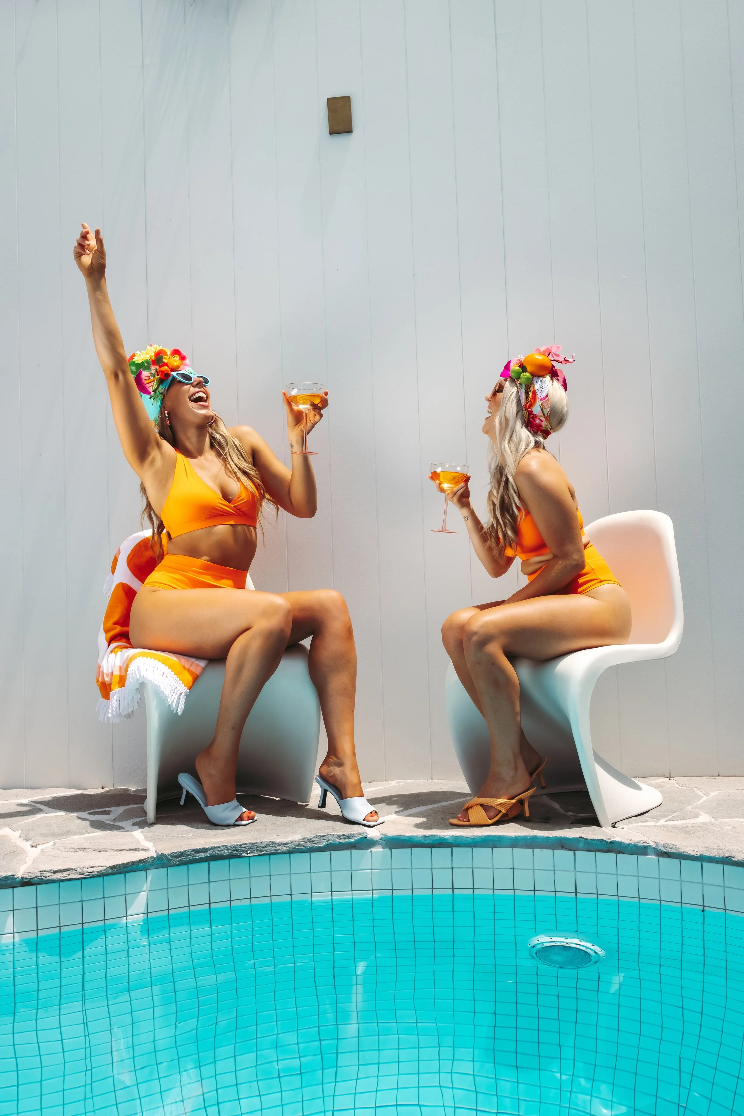 Mornington Peninsula photoshoot poolside bikini models with cocktails