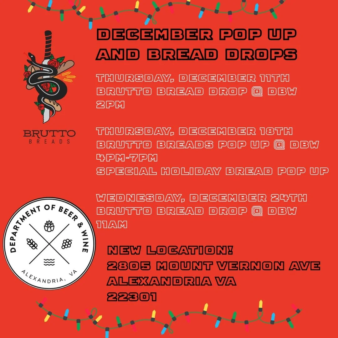 The gang is back! First @bruttobreads drop is tomorrow, Thursday 12/11 at @deptofbeerandwine's new spot!

2805 Mount Vernon Ave.

Next week, Thursday 12/18, I'll be there in person with some one off holiday breads to share with you all, I'm excited a