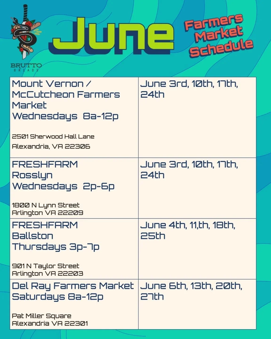 UPDATED JUNE SCHEDULE! We're now @freshfarmva Ballston market every Thursday through the rest of the year!