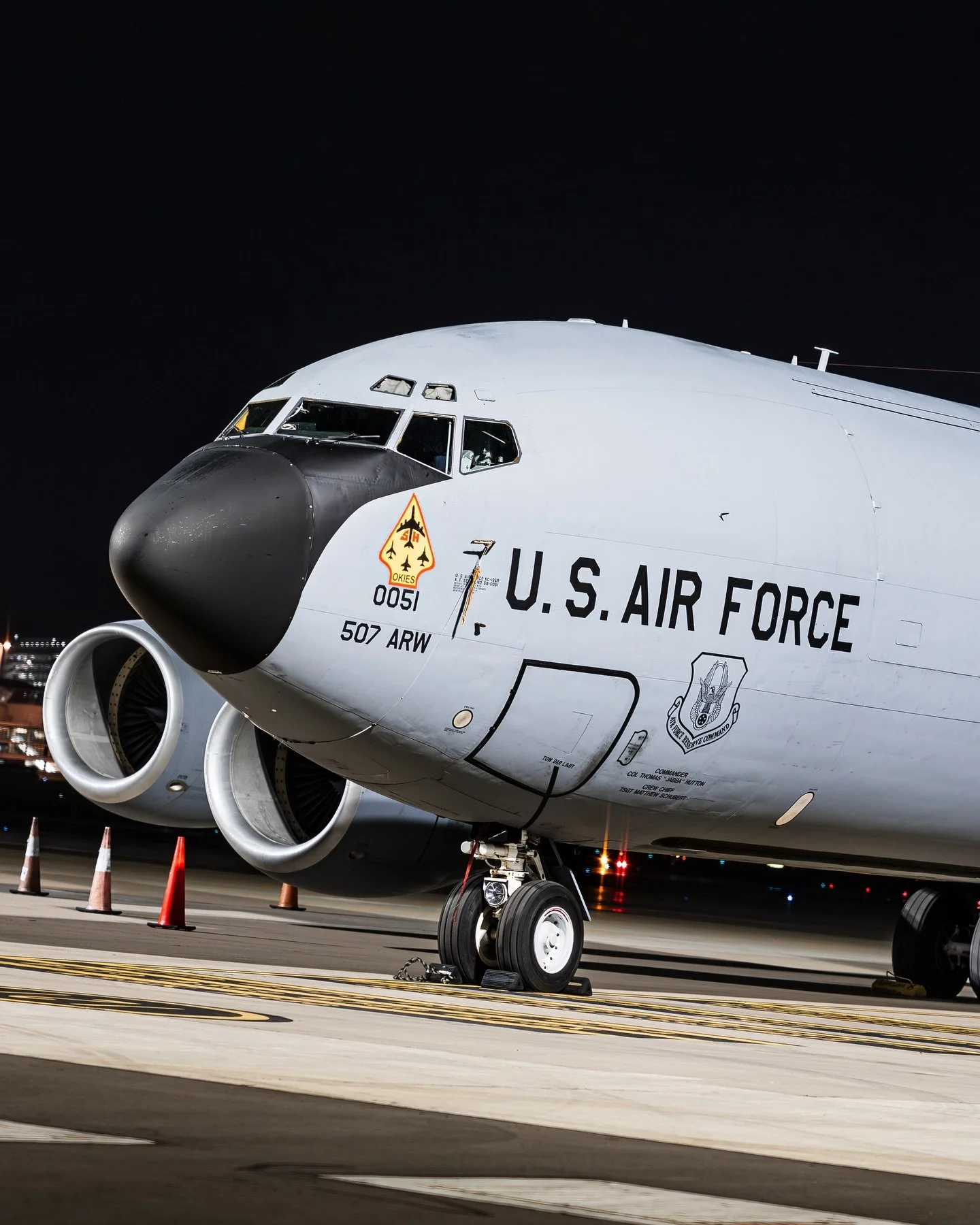 Okies

&mdash;&mdash;&mdash;&mdash;&mdash;&mdash;&mdash;&mdash;&mdash;&mdash;&mdash;&mdash;&mdash;&mdash;&mdash;&mdash;&mdash;&mdash;&mdash;&mdash;&mdash;

A KC-135 Stratotanker from the 507th ARW &ldquo;Okies&rdquo; at Sydney Air Force Base alongsid