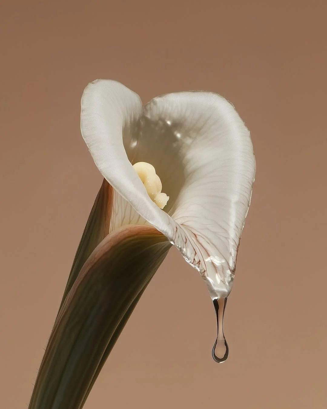 Close-up of a white calla lily flower with a droplet of water hanging from its petal tip.