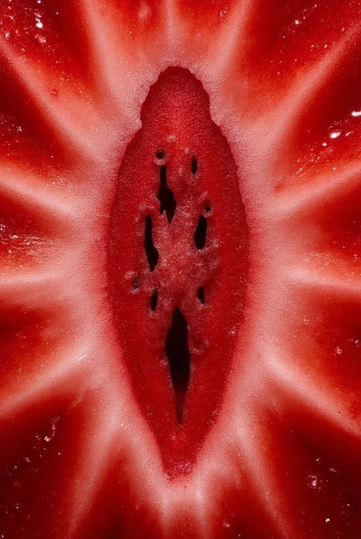 Close-up of a sliced red bell pepper showing its interior seeds and flesh.