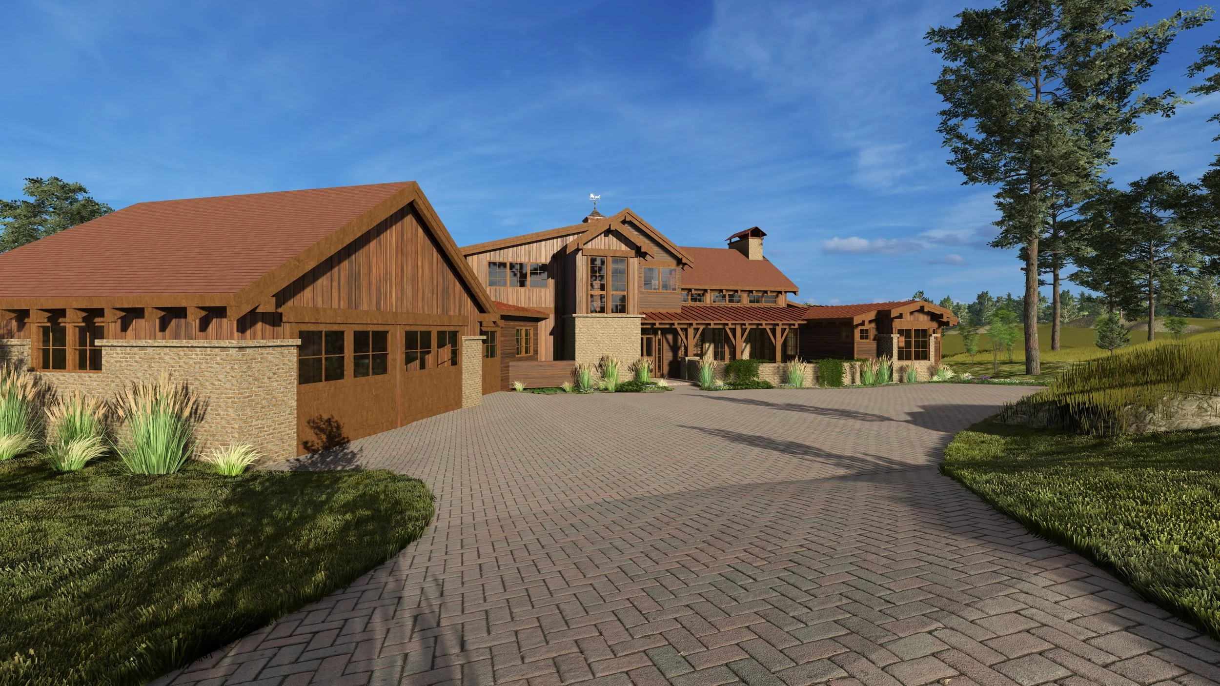 Approach view of Brasada Ranch custom home showcasing the formal entry courtyard with expansive paver driveway, rustic farmhouse design with tan brick lower level and natural wood upper stories,  rusted standing seam metal panel,  paver driveway, pro