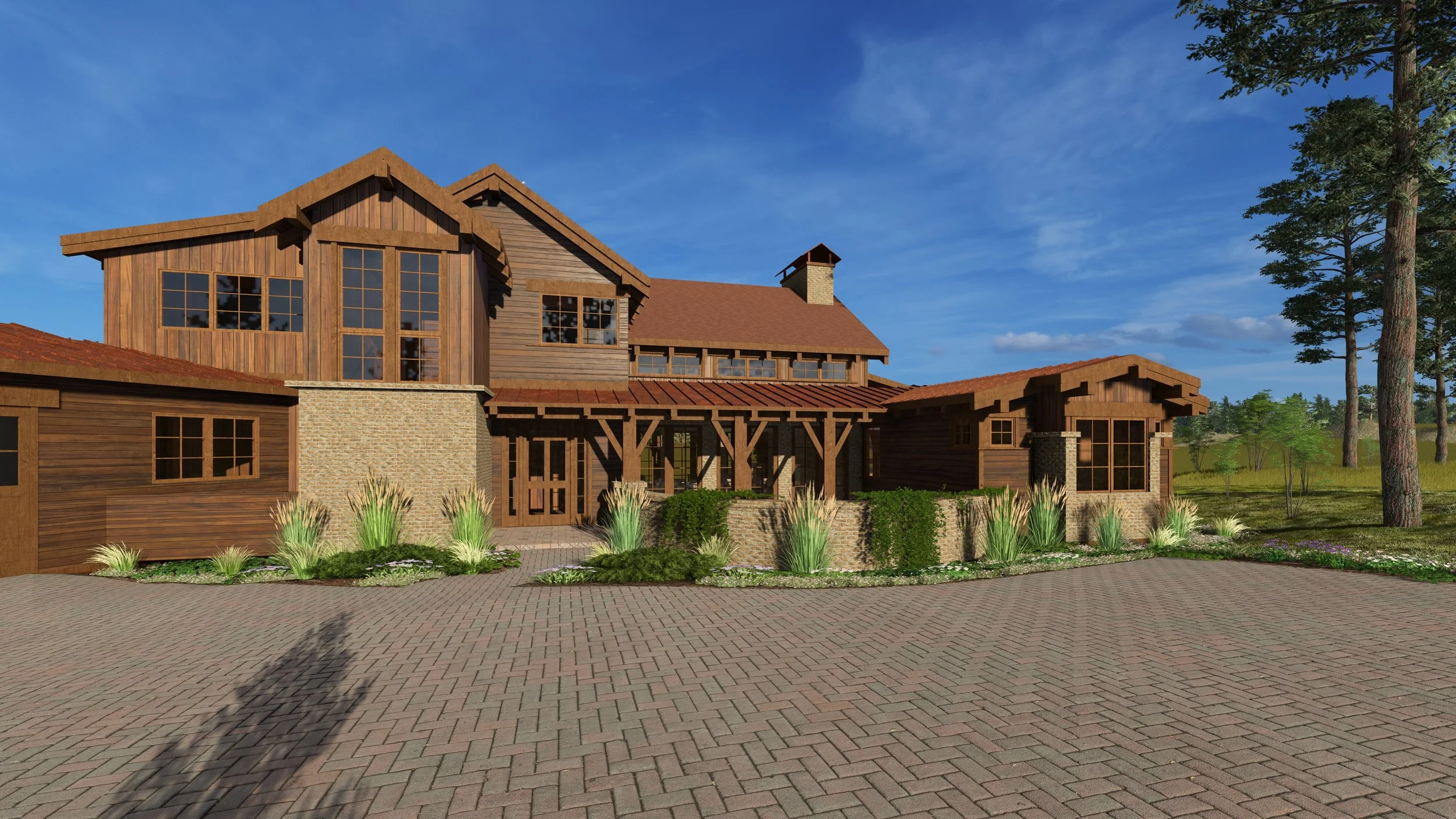 Entry courtyard view of Brasada Ranch custom home highlighting the central timber frame porch with exposed Douglas fir posts and beams, two-story main residence with tan brick base and natural wood board-and-batten siding, large gabled dormers with e