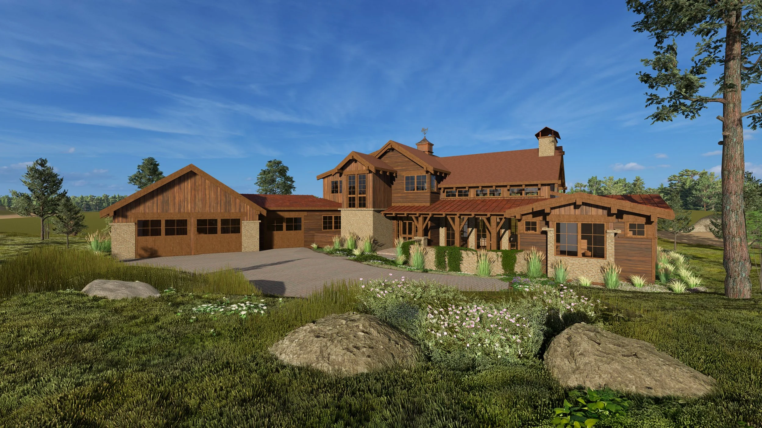 Rustic American farmhouse at Brasada Ranch designed by Griffin Home Design, featuring gabled rooflines, natural wood siding, and classic ranch-inspired detailing.