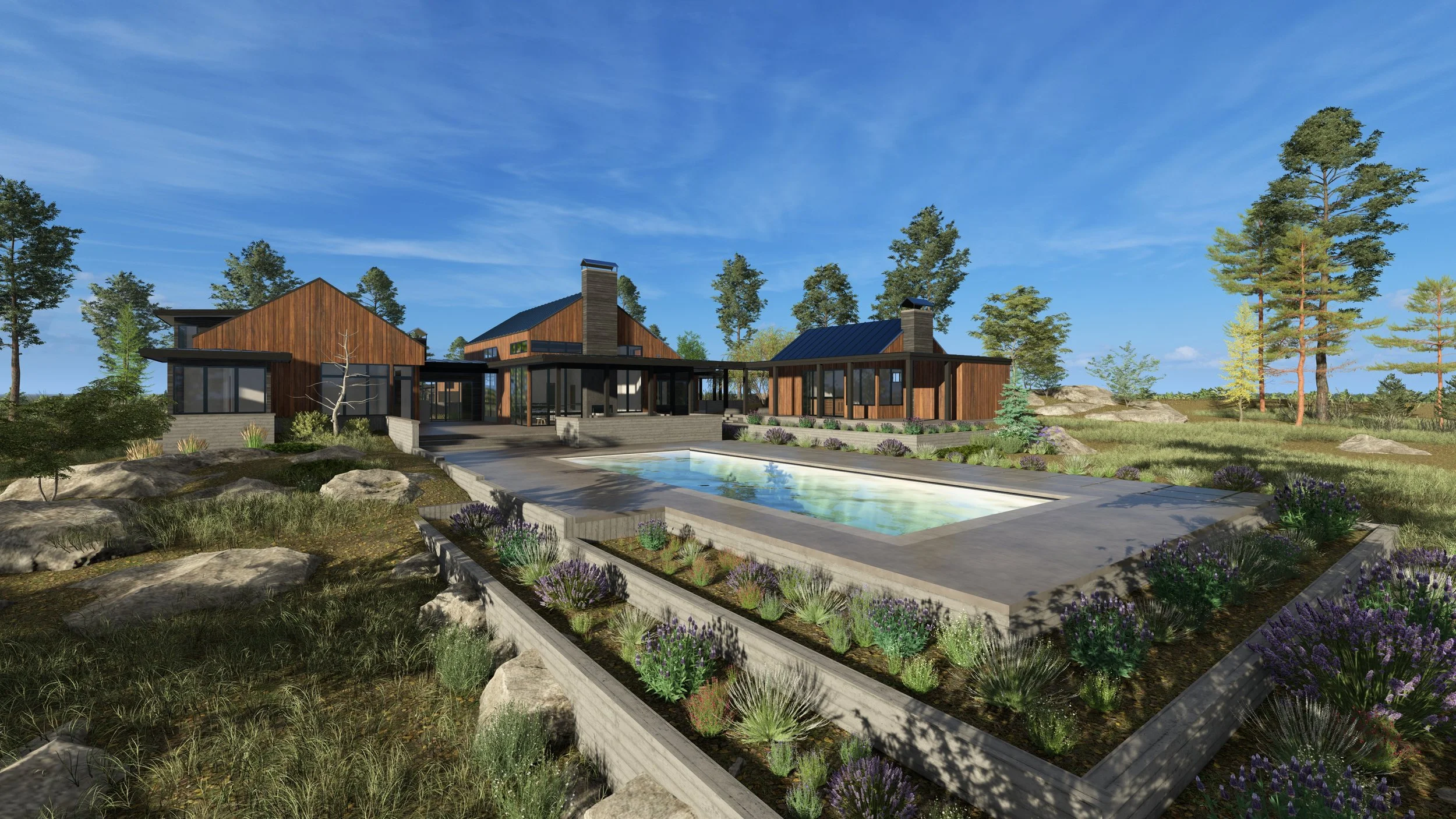 Image 14 Alt Text:
"Contemporary single-story residence with multiple gabled volumes clad in natural cedar siding and black metal panels, floor-to-ceiling glass walls, flat and shed rooflines, rectangular swimming pool with concrete deck and integrat