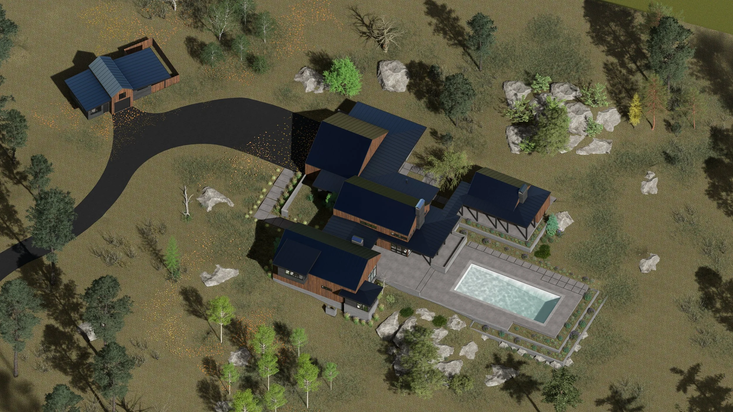 Aerial orthogonal view of contemporary residence showing 4 volume building arrangement with covered walkways and outdoor space, multiple gabled volumes clad in black natural wood siding metal roofing, central courtyard configuration, rectangular swim