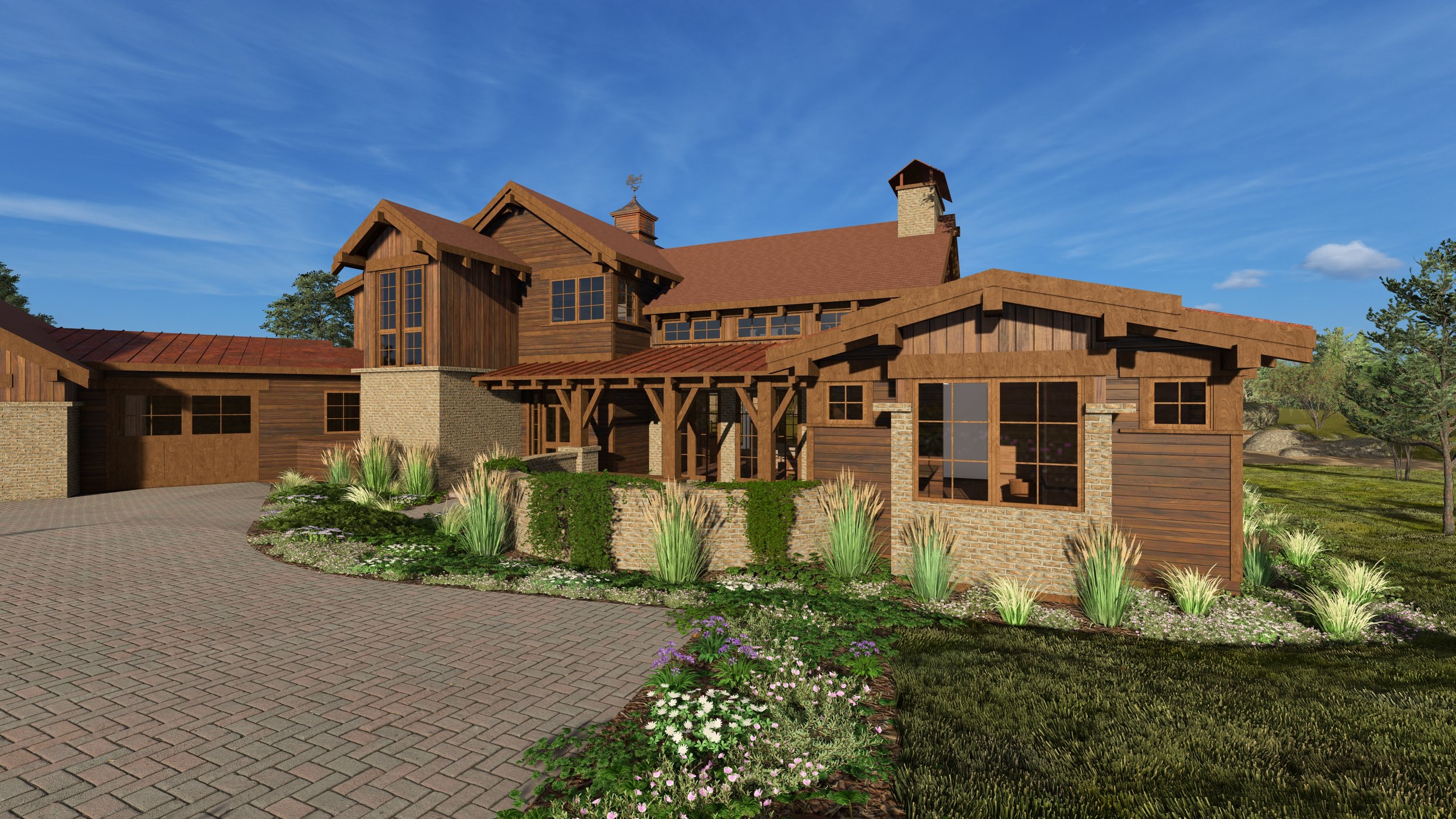Oblique view of Brasada Ranch custom home from entry courtyard showing the central timber frame porch with heavy beam construction, two-story rustic farmhouse design with tan brick lower level and natural wood board-and-batten upper stories, multiple