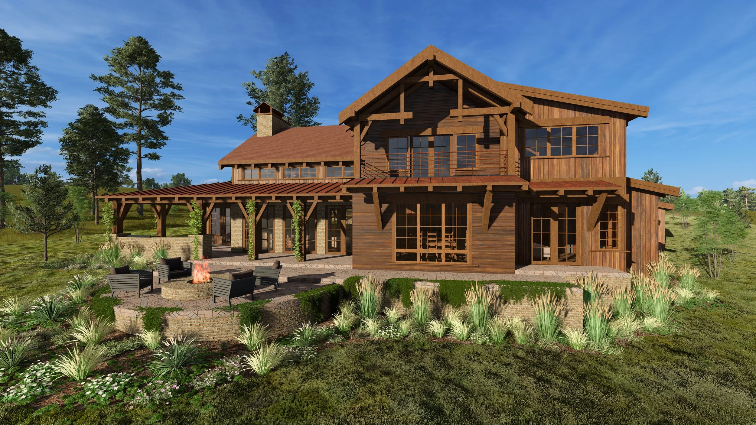 Rear elevation of Brasada Ranch custom home showcasing the expansive wrap-around covered patio with timber frame construction featuring heavy Douglas fir posts and exposed beams, outdoor living area furnished with contemporary seating around a fire f