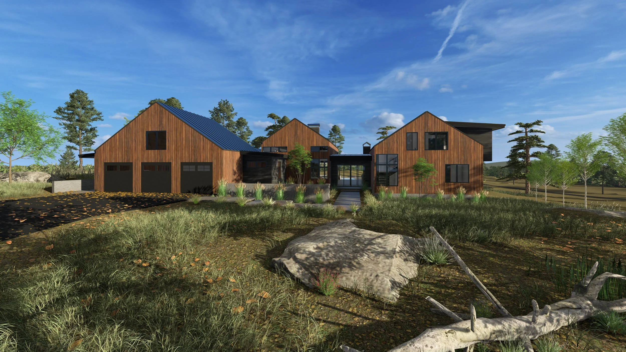 Front entry view of contemporary residence featuring three distinct gabled volumes clad in natural vertical cedar siding with black metal accents and standing seam metal roofs, large black-framed windows and glazed entry doors, three-bay garage with 