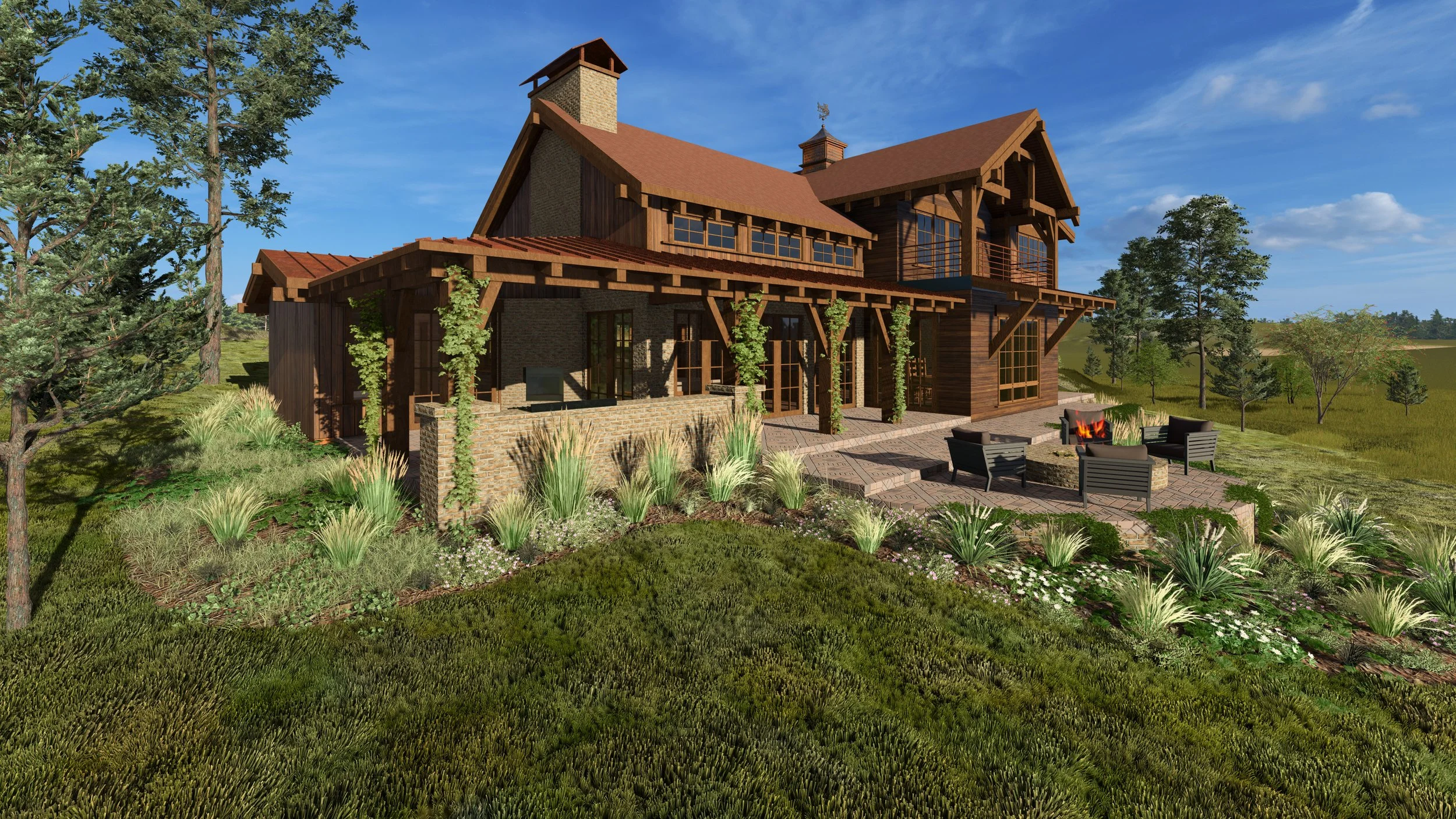 Rear perspective of Brasada Ranch custom home from sloped terrain highlighting the back-of-house outdoor living spaces including covered timber frame patio with exposed beam construction, outdoor seating area with contemporary furniture, tan brick lo