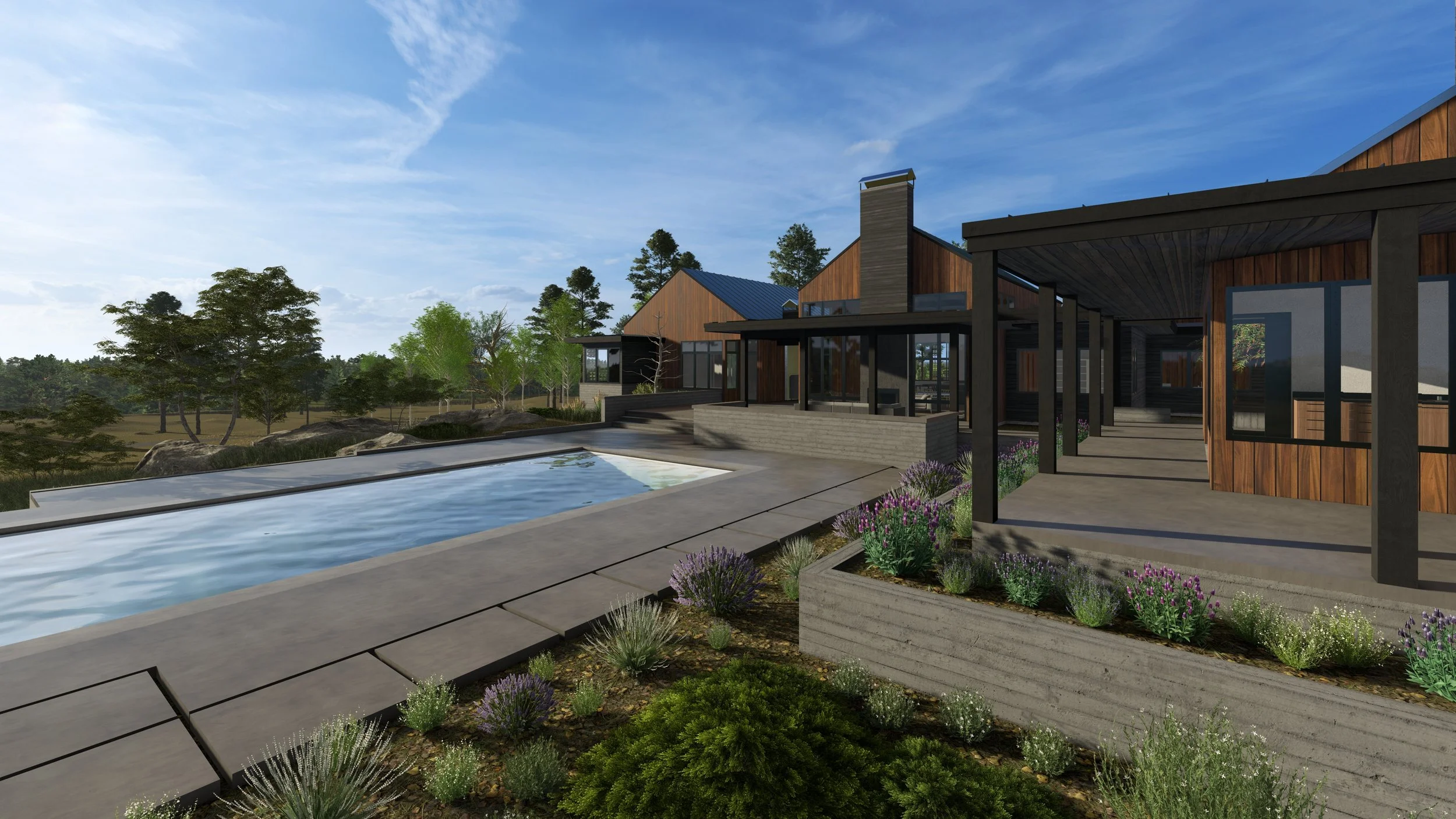 Contemporary single-story residence with multiple gabled volumes clad in natural cedar siding and black metal panel roofing, floor-to-ceiling glass walls, flat and shed rooflines, covered walkways, view from pool house, rectangular swimming pool with