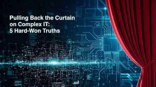 A digital graphic with circuitry and data patterns on a blue background, with red curtain on the right, and text that reads 'Pulling Back the Curtain on Complex IT: 5 Hard-Won Truths'.