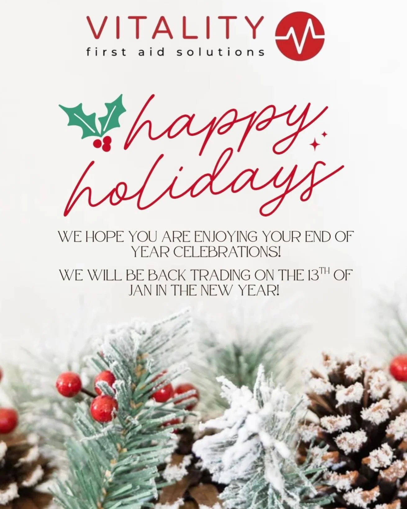 See you all in the New Year! 🥳🙌🏼

We will be back trading on the 13th of Jan. 

#FirstAidSavesLives #CPRTraining #VitalityFirstAid #firstaid #firstaidtraining