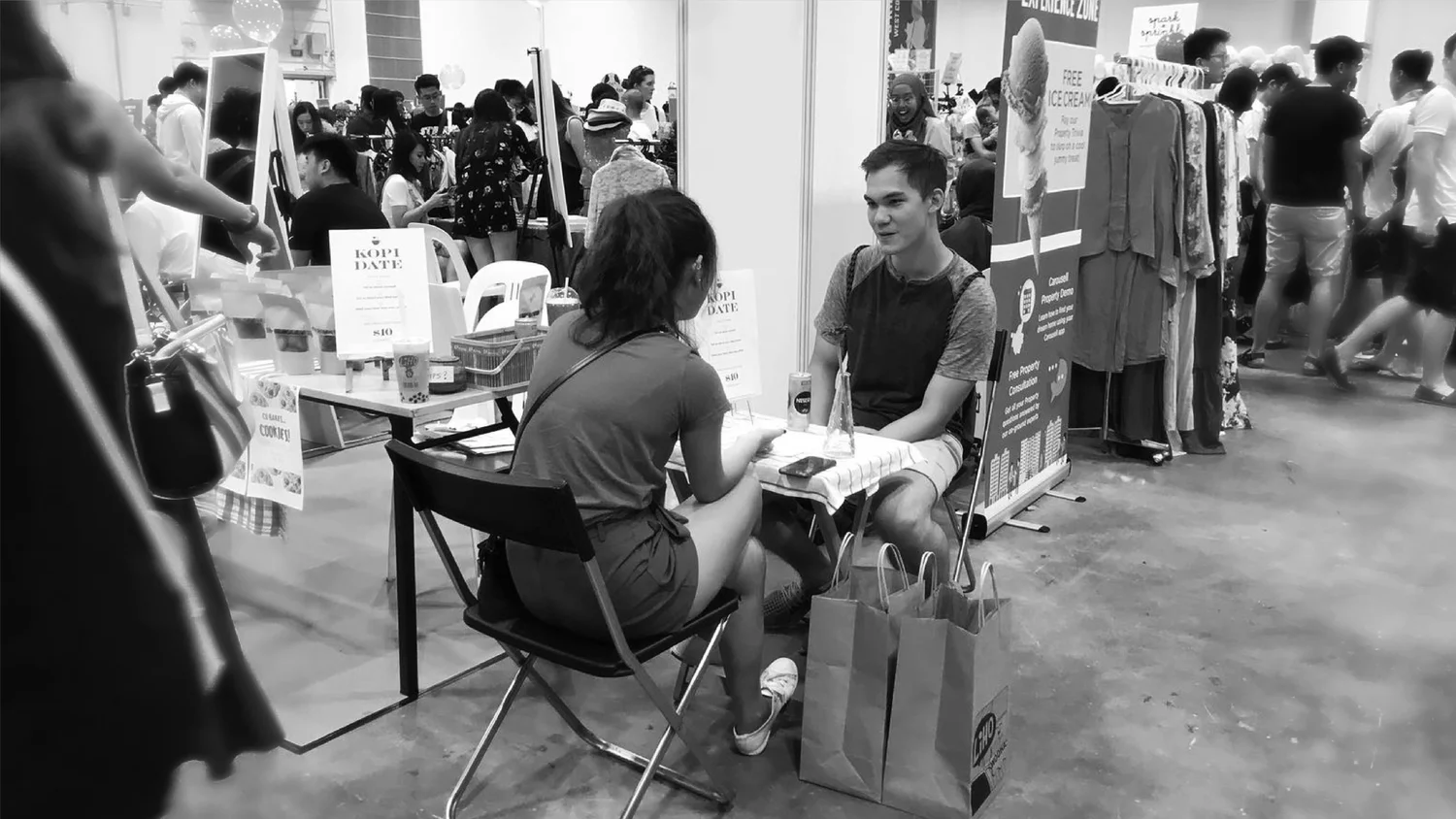Two chairs and a pot of coffee at the 2018 Carouselland flea market, where Kopi Date began.