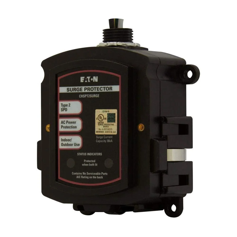 Black Eaton surge protector device labeled "CHSPT2SURGE" with AC power protection. Features type 2 SPD, suitable for indoor/outdoor use, and shows UL listing. Surge current capacity is 36 kA.
