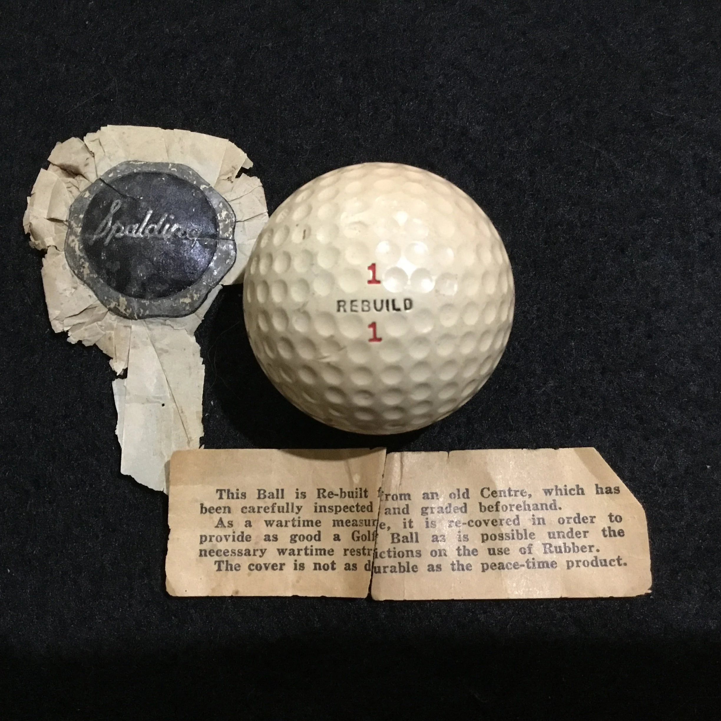 Wartime Spalding Rebuilt Golf Ball and Notation