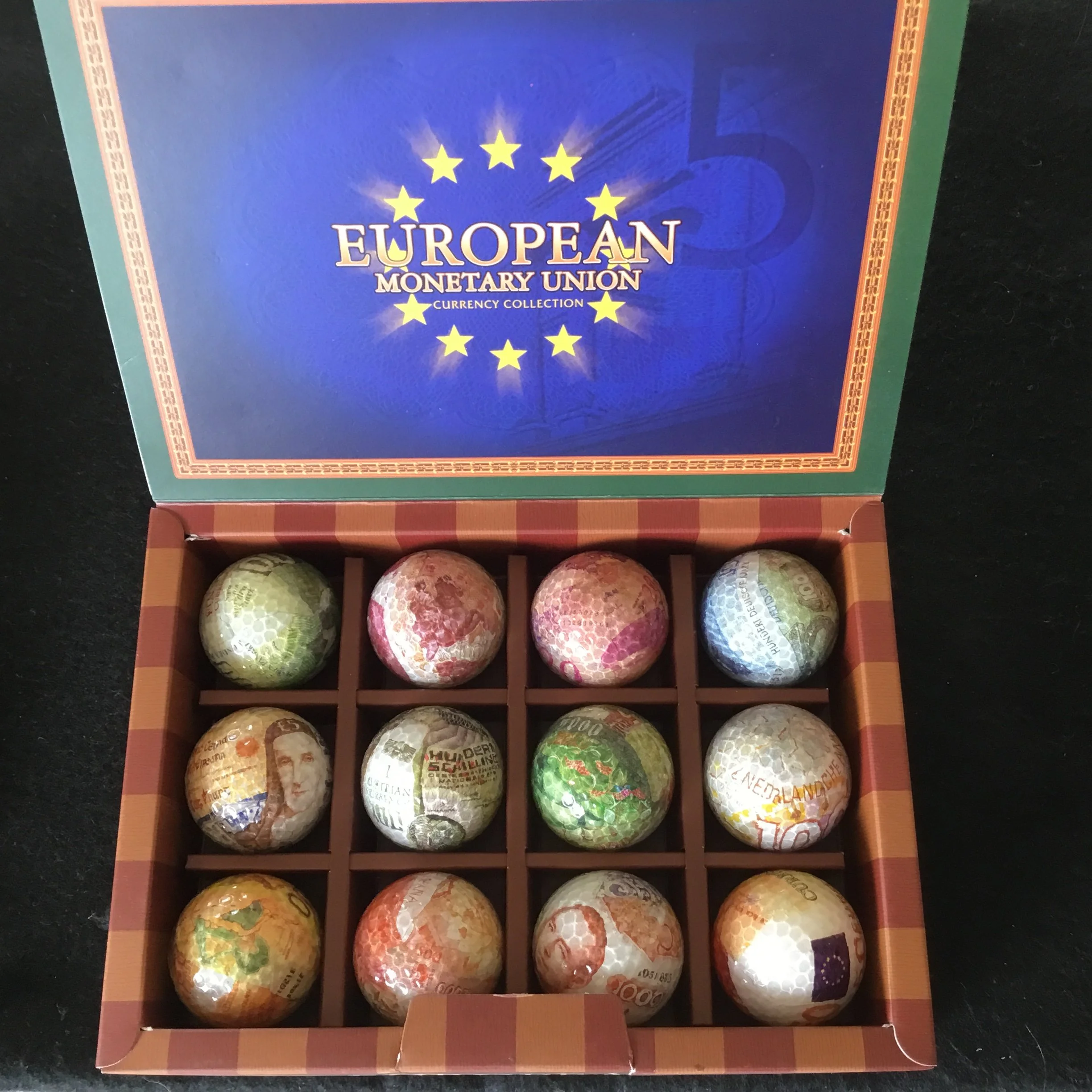 European Monetary Union Currency Collection Dozen Golf Ball in Presentation Box