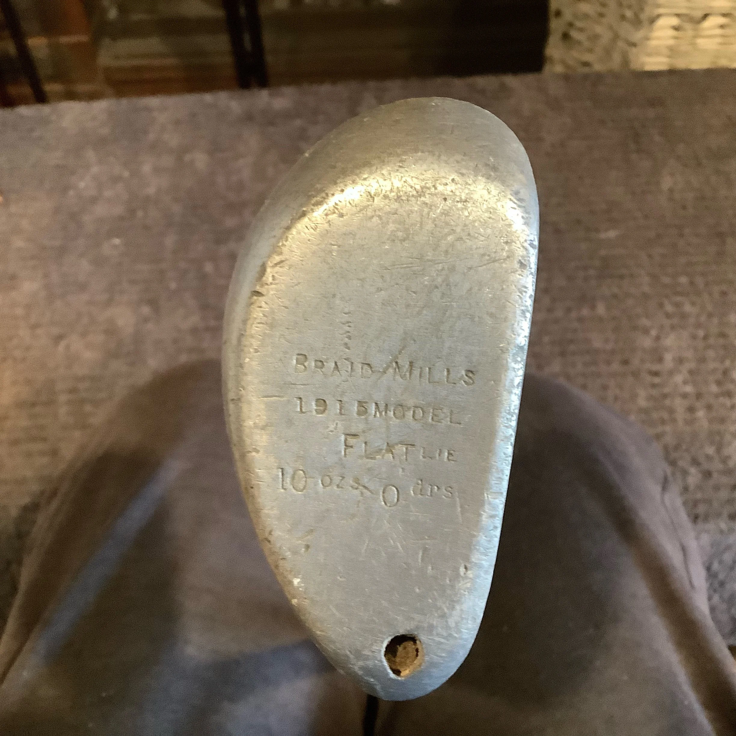 Putter - Braid Mills 1915 Model Flat Lie 10ozs Aluminium Mallet Head Hickory Shaft 