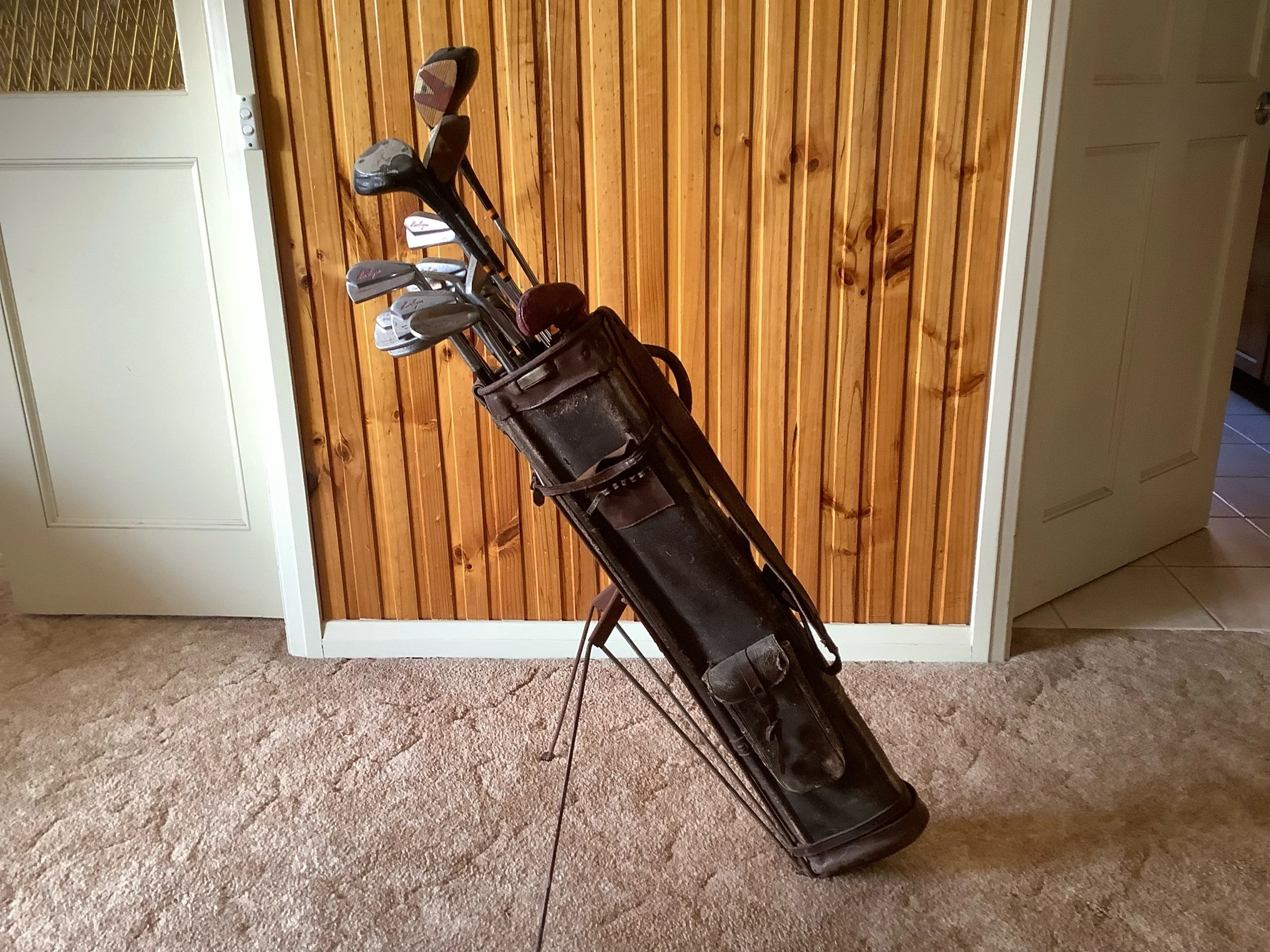 Ben Hogan Full Set Slazenger Blades 2-9 Putter Woods 1 1/2,2 1/2 ,3 1/2 and 2 Wedges Equalizer and Explorer as well as Antique Stand Bag and Umbrella 