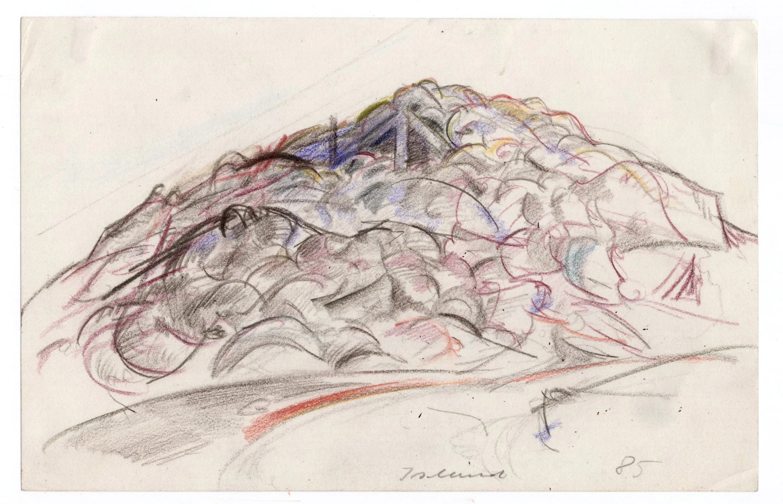 JO-ØD09 Island (Lavabjerg), 1985. Kul og farveblyant på papir ca. 14 x 21 cm.jpg