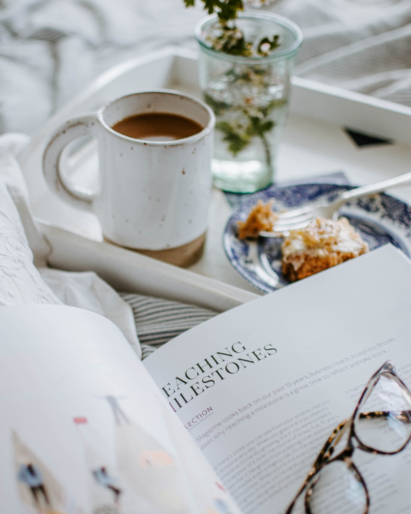 Tea on a tray with an open 91 Magazine feature by Josephine Brooks