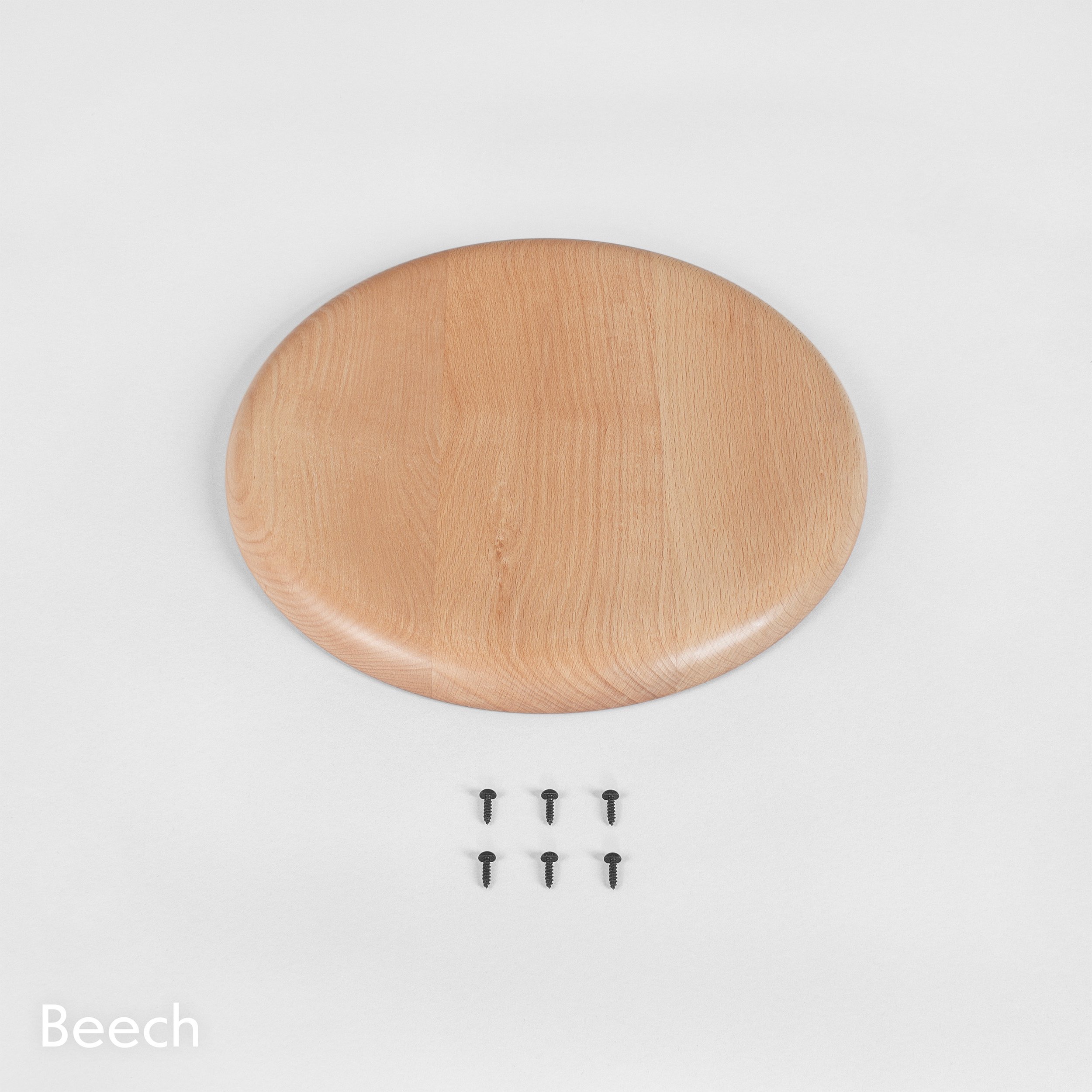 Rowac round wooden seat top with set of specially designed Rowac screws. Solid beech wood oiled and polished.