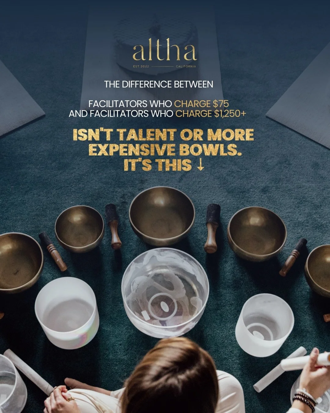 The difference between sound healers charging $75 and those charging $1,250+ isn&rsquo;t what you think.

People assume it&rsquo;s more certifications or talent.
Fancier bowls. Or years of experience. Or some secret spiritual gift.

It&rsquo;s not.

