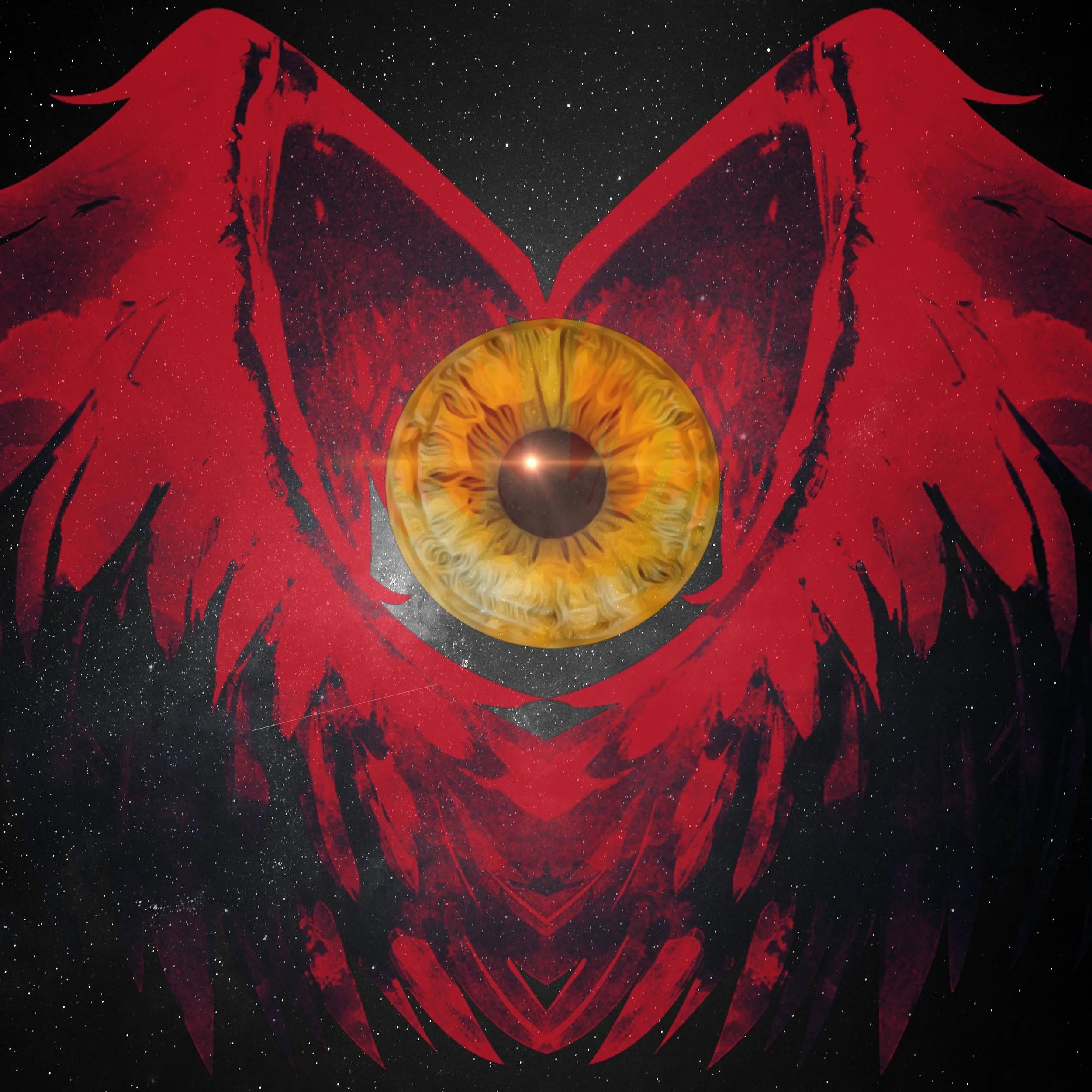 Graphic of an eye with red wings around it in front of a galaxy of stars